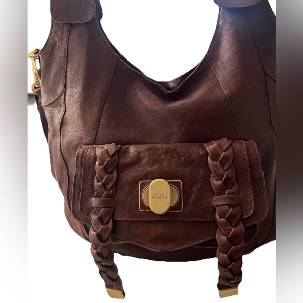 Modalu London Brown Leather Shoulder Bag with Braided Detail